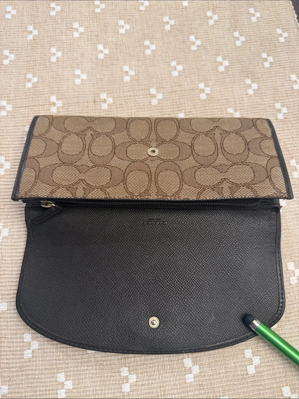 Coach Signature Canvas Slim‎ Envelope Wallet Black Brown Leather Gold Logo OS